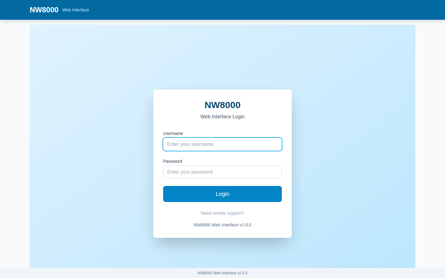 The NW8000 login screen — sign in with your own account.