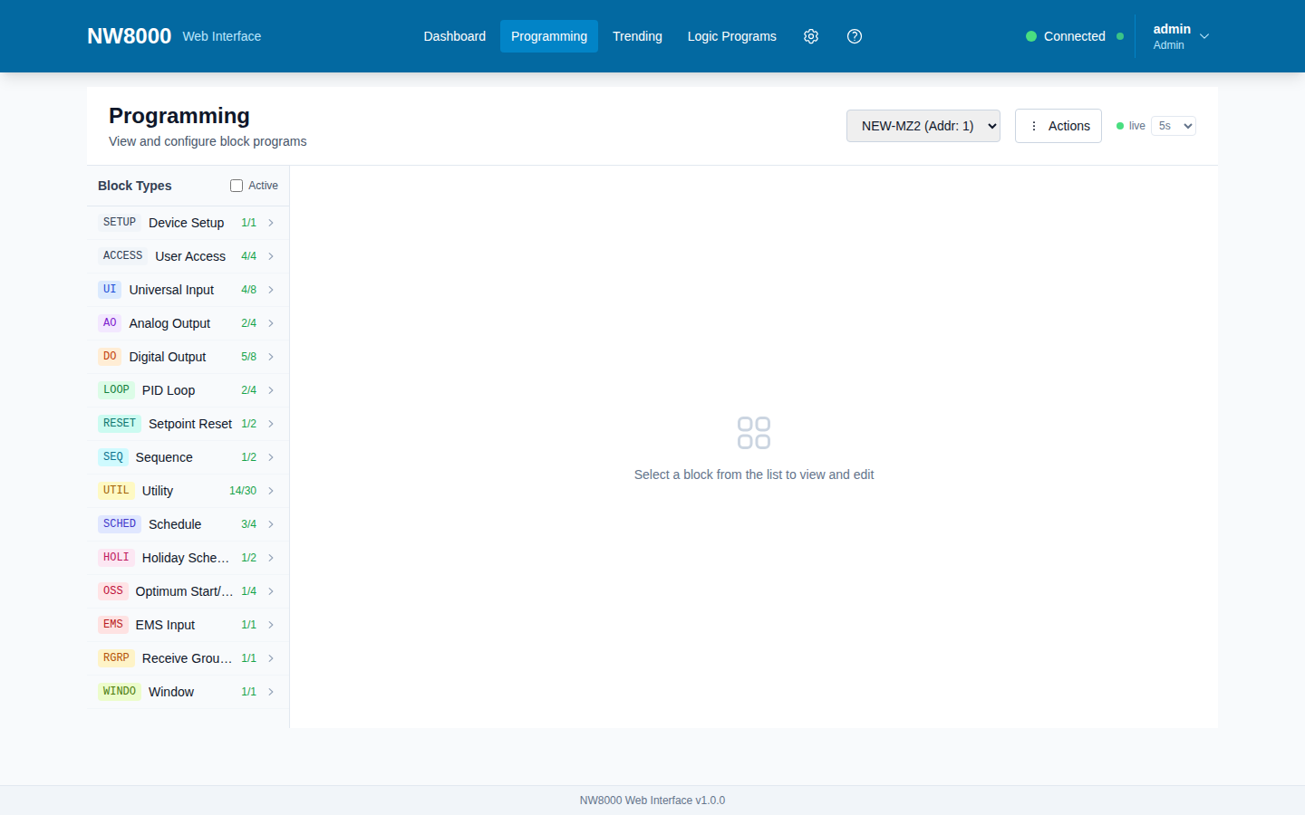 The block-programming view — every block type (UI, AO, DO, LOOP, UTIL, SCHED, …) for the selected controller.