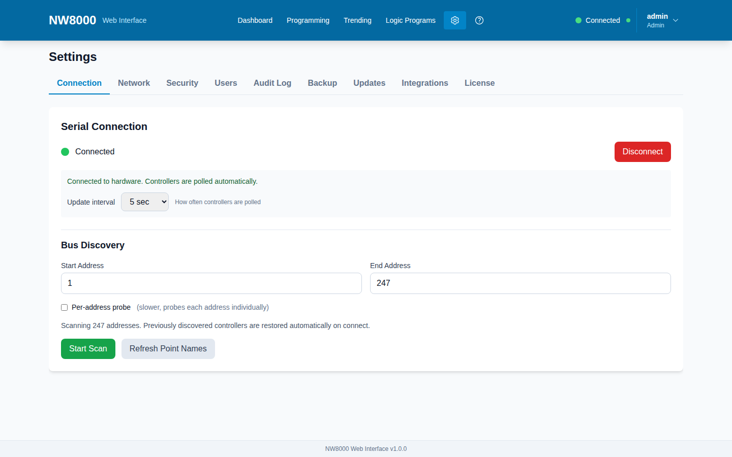 Settings — Backup, Updates, Network, Security and License tabs.